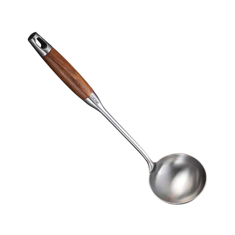 GXONE Soup Ladle 304 Stainless Steel Cooking Ladle Spoon Wok Tools with Long Wooden Handle Heat Resistant Silver/14.6Inch - Image 1
